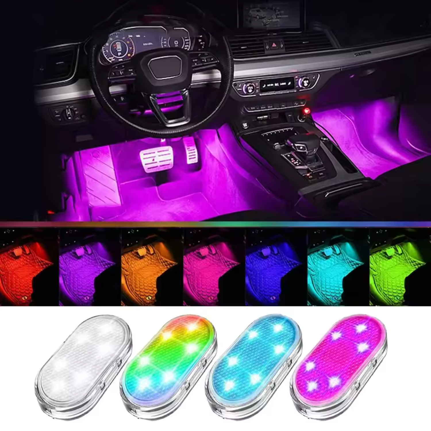 Luces LED inalámbricas para el interior del coche, luces LED interiores del coche, luz decorativa de neón automotriz recargable por USB