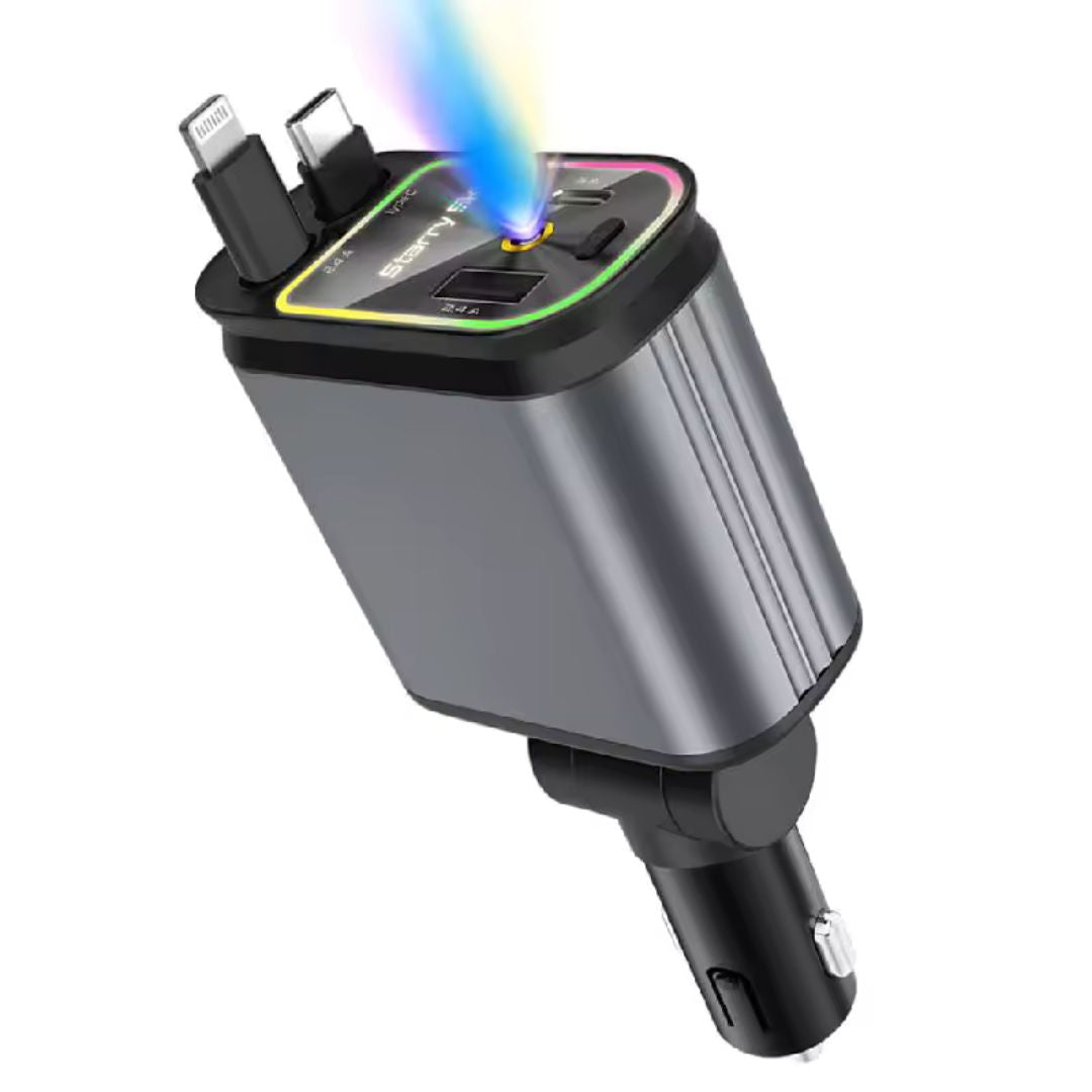 4 en 1 Cargador de Coche Retráctil, 66W Carga Rápida USB C, Tipo C y 2 Puertos USB
