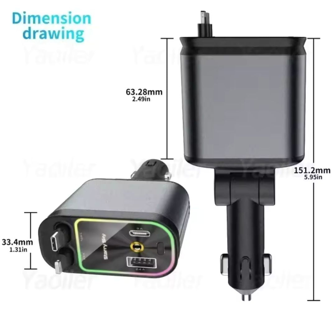 4 en 1 Cargador de Coche Retráctil, 66W Carga Rápida USB C, Tipo C y 2 Puertos USB