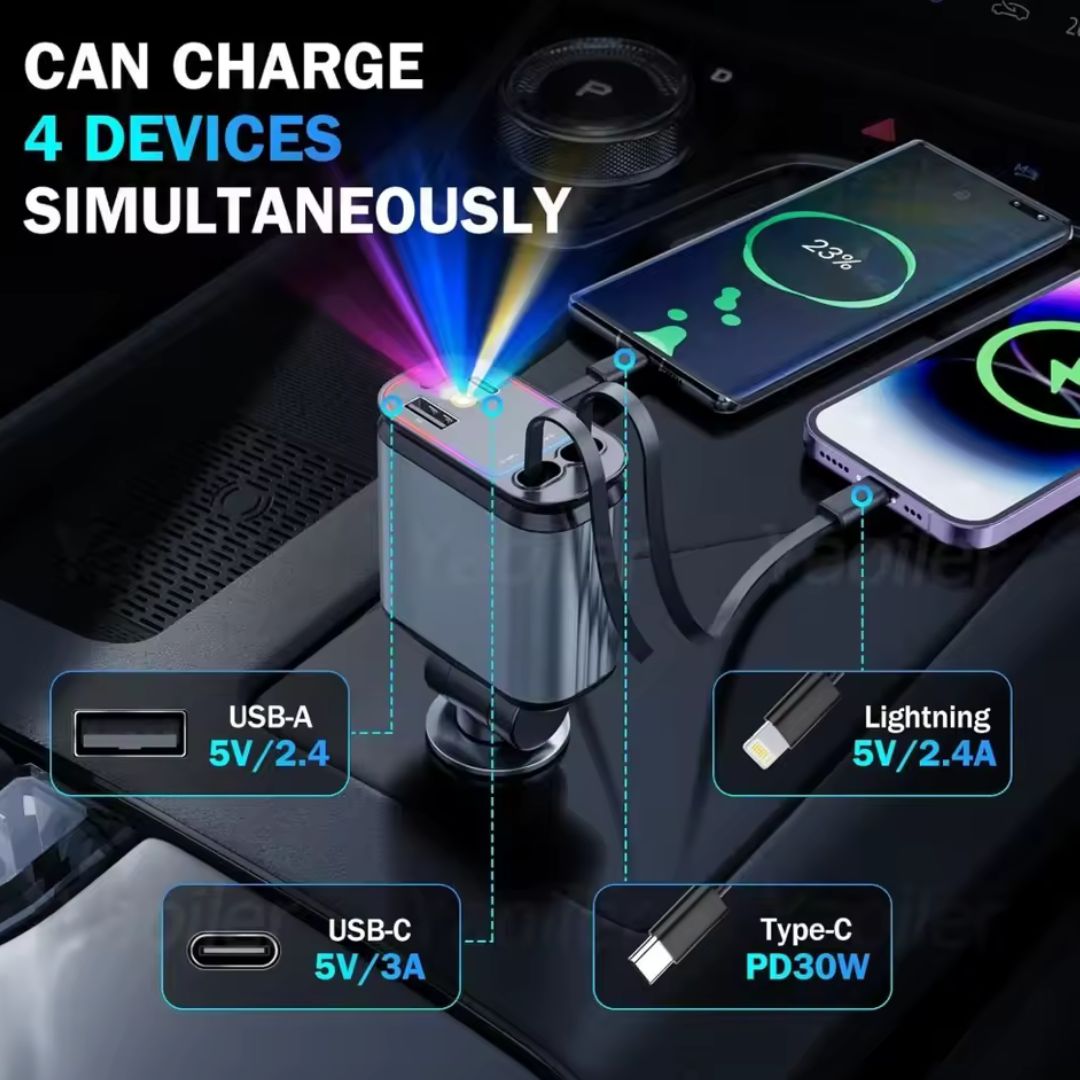 4 en 1 Cargador de Coche Retráctil, 66W Carga Rápida USB C, Tipo C y 2 Puertos USB