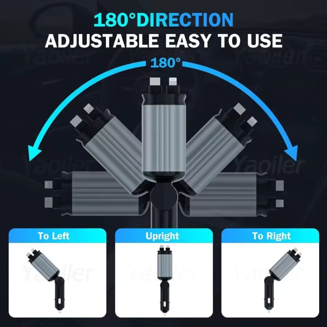 4 en 1 Cargador de Coche Retráctil, 66W Carga Rápida USB C, Tipo C y 2 Puertos USB